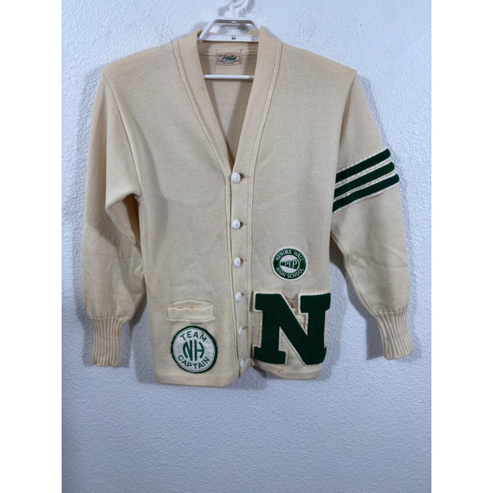 Vintage 1950s Wool Letterman‎ Sweater Cream Team Captain Rep High School Medium